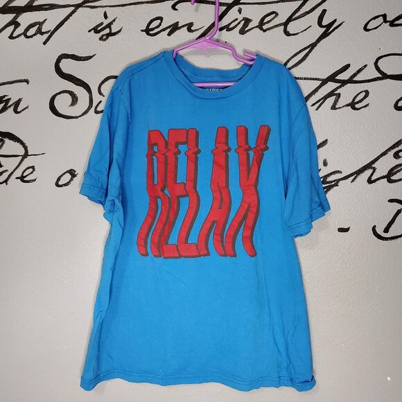 District Planet RELAX Teal Graphic Tee with Red Print, YXL - Picture 1 of 3